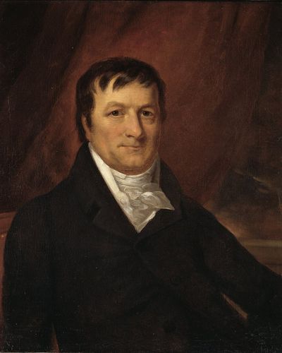 Painted portrait of John Jacob Astor in a dark coat and white cravat, against a dark red background