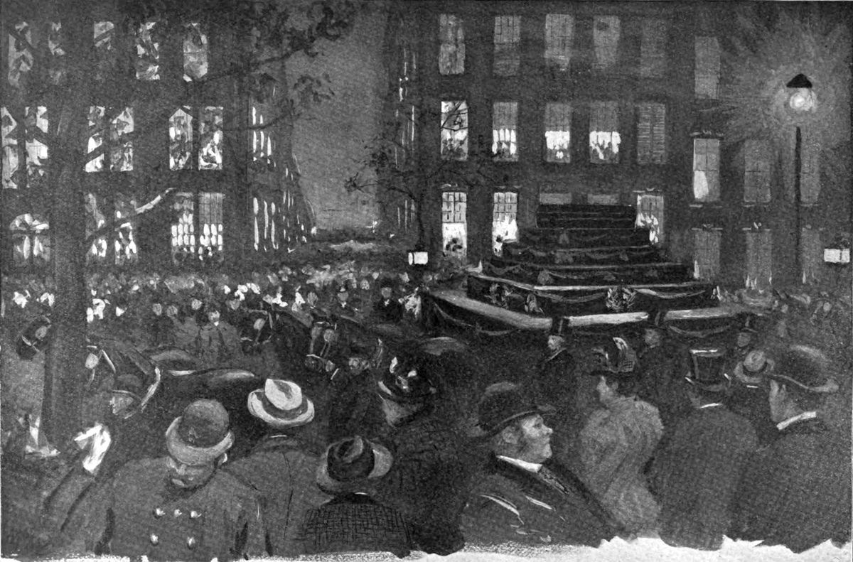 Engraving of a night scene: a dense crowd in hats fills Madison Avenue as a horse-drawn catafalque passes beneath lit windows