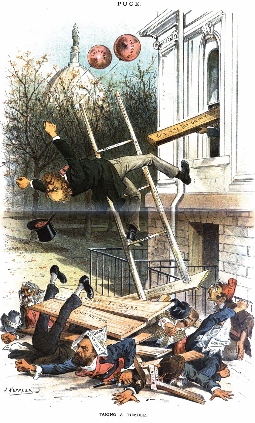 Color cartoon. Henry George falls backward off a ladder propped against a building, below a plank marked Vote of the Majority, toward a heap of sprawling men and boards labeled Socialism, Crank Theories and Boycott.