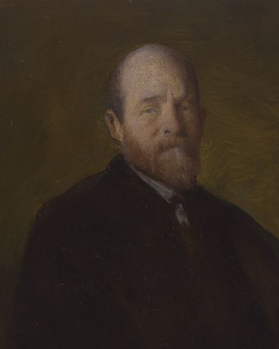 Painted portrait of Henry George, a balding man with a reddish beard, in a dark coat against a dark olive background