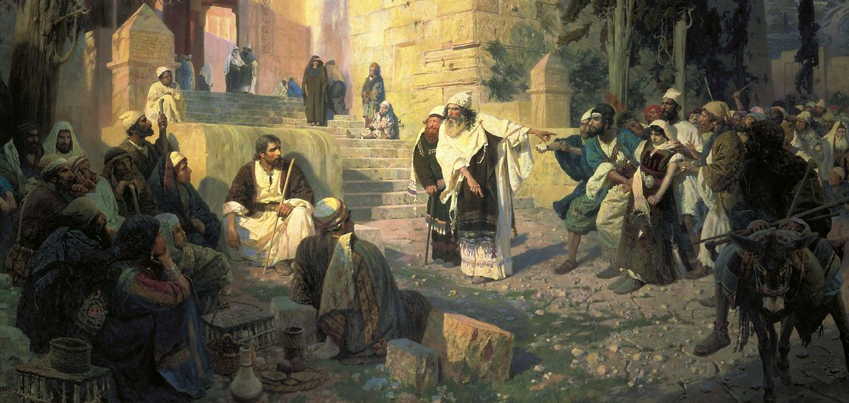 Painting of a sunlit courtyard below a stone temple in Jerusalem. Christ sits calmly on a low wall among his followers, while an old man in white turns to him and points back at a young woman held by a crowd